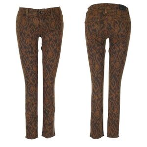 Level 99 Janice Ultra Skinny Raw Hem Tribal Print Boho Brown Jeans Size 26